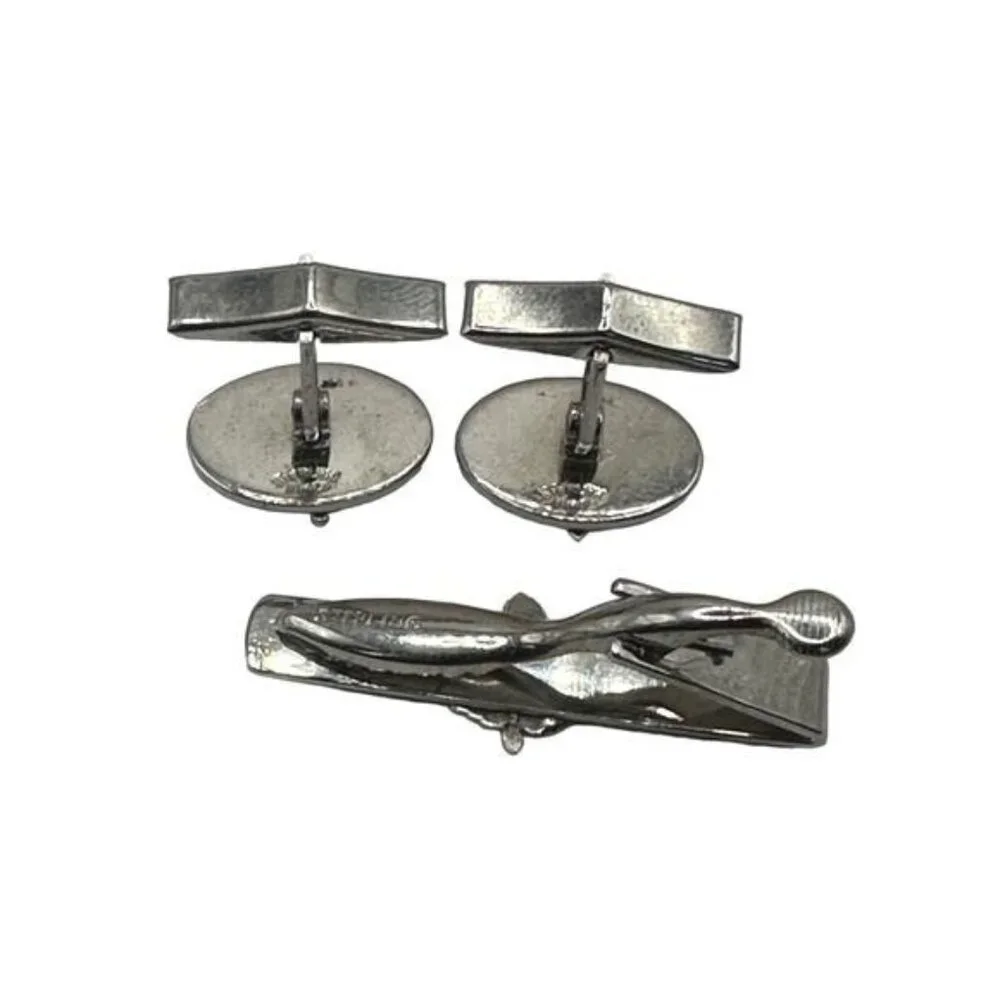 Sterling Silver Maple Leaf Cufflinks & Tie Clip Set With Enamel Accents